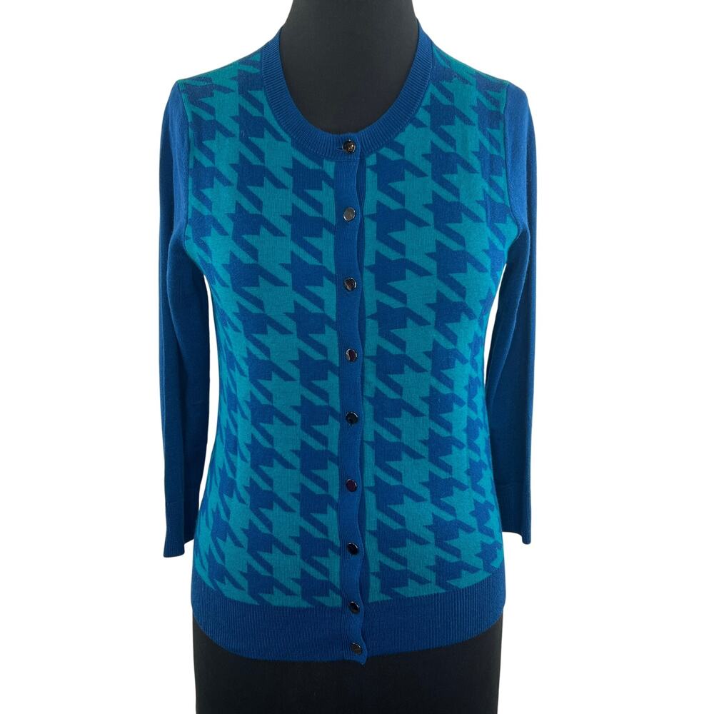 Banana Republic Blue Houndstooth Button-Down Silk Cardigan Sweater Size XS